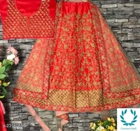 Beautiful Semi Stitched lehenga Choli - Free Size, Red, Silk ,Dupatta Fabric : Net, Embroidered, Multipack :1